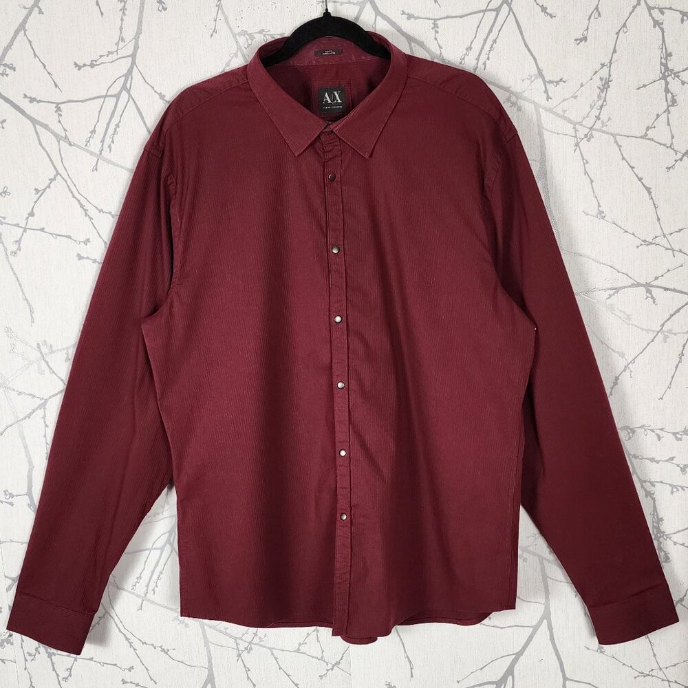 Armani Exchange Burgundy Textured Cotton Stretch Slim Fit Shirt